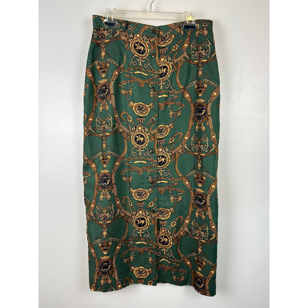 Vintage Collin Creek Equestrian Horse Button Front Maxi Skirt 12 Green Gold - Picture 1 of 5